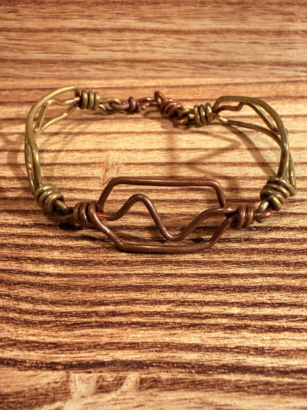 Vintage Artisan Mixed Metal Copper Brass Wire Wrapped Abstract Bracelet